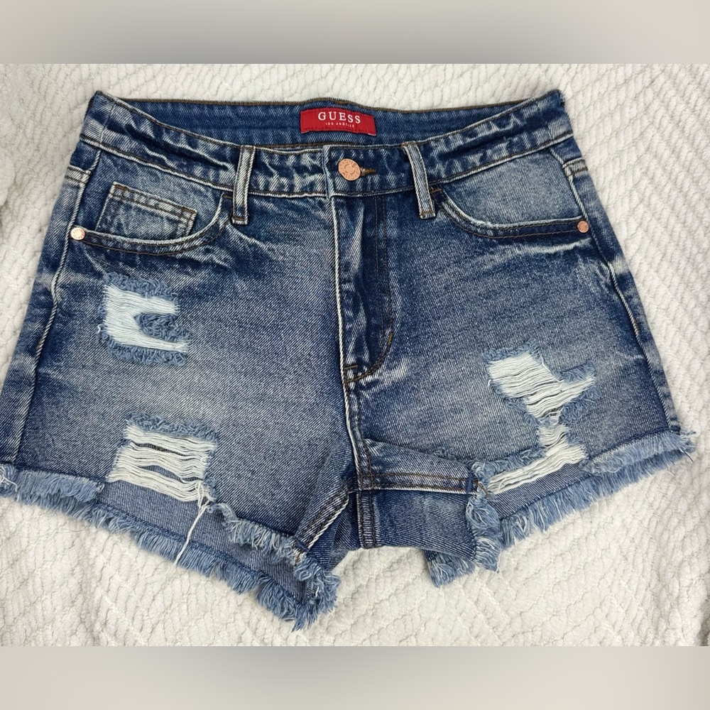 Guess Women's Frayed Hem Jean Shorts - Dark Blue‎